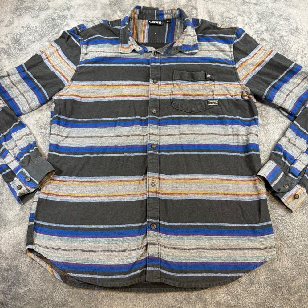 Vans Mens XL Striped Flannel Button Down Shirt Long Sleeve Charcoal Blue Multi